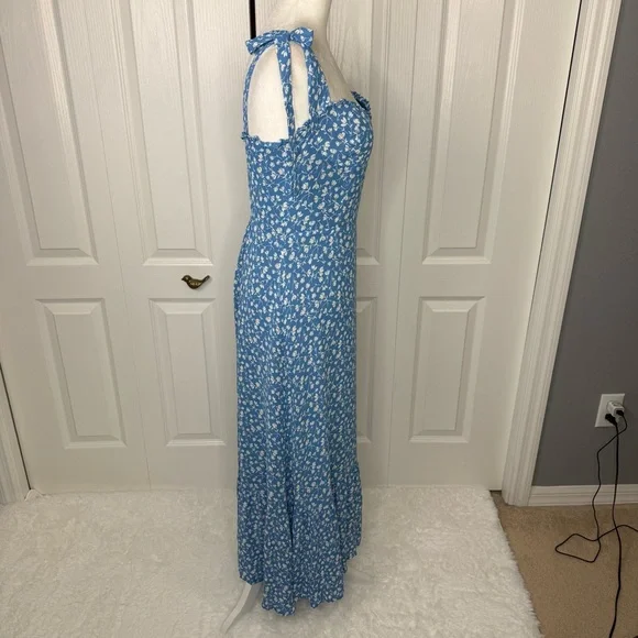 Reformation Blue Floral Tie Strap Midi Dress Size 8 Smocked Back Viscose - Picture 5 of 14